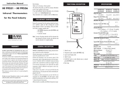 Hanna Instruments HI 99551/99556 Infrared Thermometer Instruction Manual - cover page