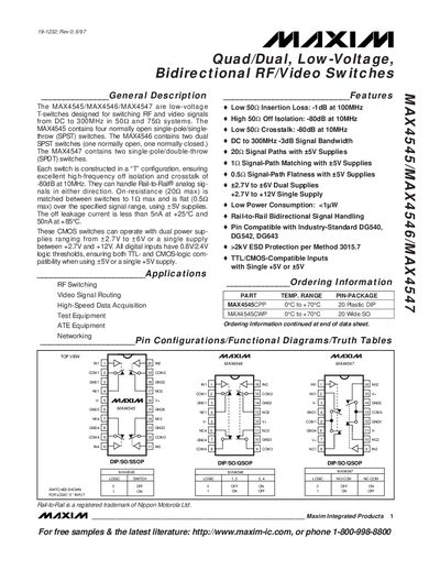 Maxim MAX4545/MAX4546/MAX4547 Quad/Dual Low-Voltage Bidirectional RF/Video Switches Datasheet - cover page