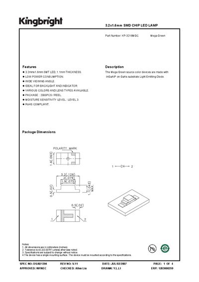 KINGBRIGHT - SPEC NO: DSAB1394 3.2x1.6mm SMD CHIP LED LAMP handbook REV NO: V.11 DATE: JUL/02/2007 - cover page