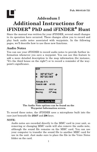 Lowrance iFINDER PhD and iFINDER Hunt Audio Notes Addendum - cover page
