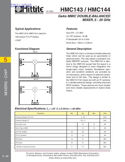 Hittite HMC143/HMC144 GaAs MMIC Double-Balanced Mixer Datasheet - cover page