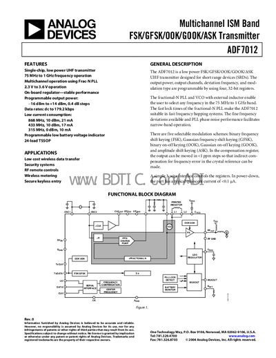 Analog Devices ADF7012 Datasheet - cover page