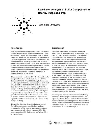 Agilent 6890 Gas Chromatograph Low-Level Sulfur Analysis in Beer - cover page