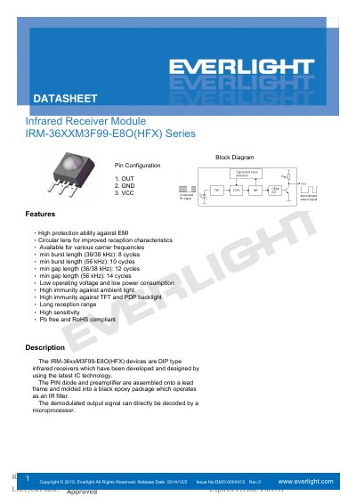 Everlight IRM-36XXM3F99-E8O(HFX) Series Infrared Receiver Module Datasheet - cover page