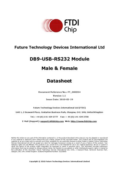 FTDI DB9-USB-RS232 Module Datasheet - cover page