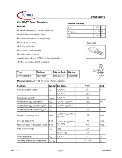 Infineon SPW35N60CFD Datasheet - cover page