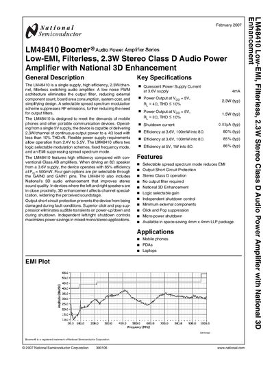 NATIONAL SEMICONDUCTOR - LM48410&ensp; Low-EMI Filterless 2.3W Stereo Class D Audio Power Amplifier with National 3D Enhancement handbook - cover page