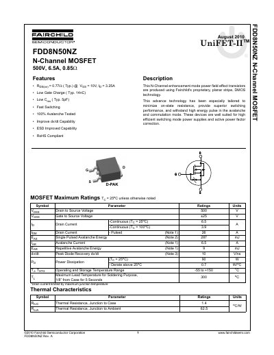 Fairchild FDD8N50NZ N-Channel MOSFET Datasheet - cover page