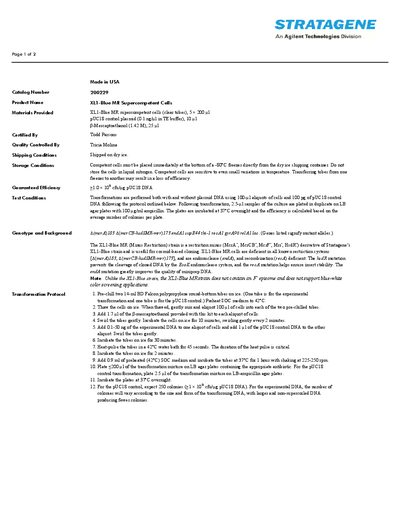 Agilent Technologies XL1-Blue MR Supercompetent Cells Product Certificate - cover page