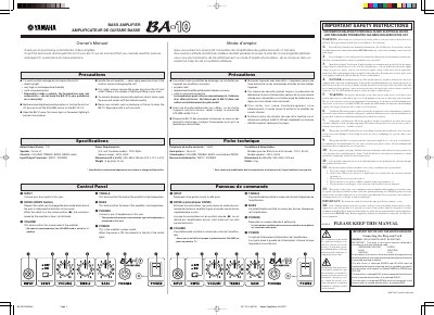 Yamaha BA-10 Bass Amplifier Owner's Manual - cover page