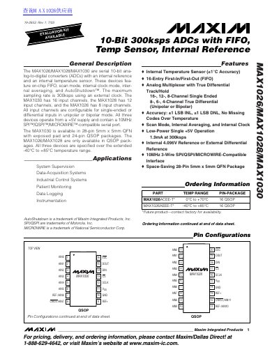 MAXIM MAX1026/MAX1028/MAX1030 10-Bit 300ksps ADCs with FIFO Temp Sensor Internal Reference handbook - cover page