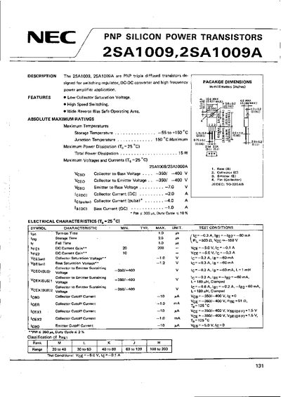 NEC 2SA1009/2SA1009A Power Transistor Datasheet - cover page
