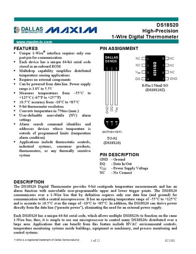 Maxim DS18S20 Digital Thermometer Datasheet - cover page
