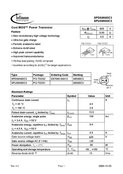 INFINEON SPD04N60C3/SPU04N60C3 Manual - cover page