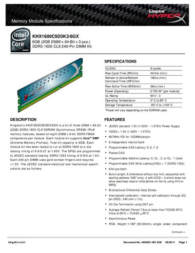 Kingston KHX1600C9D3K3/6GX Memory Module Specifications - cover page
