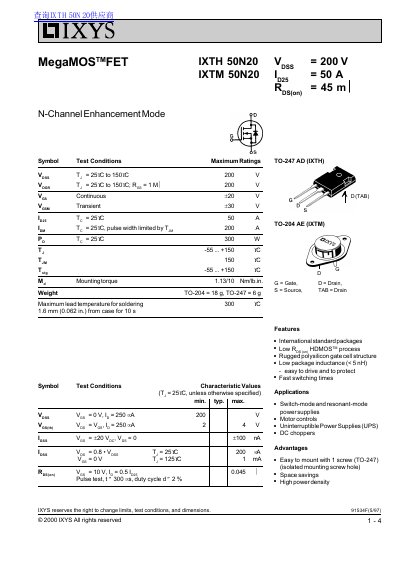 IXYS IXTH50N20/IXTM50N20 N-Channel MOSFET Datasheet - cover page