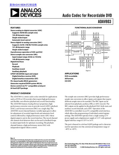 Analog Devices ADAV803 Audio Codec Datasheet - cover page