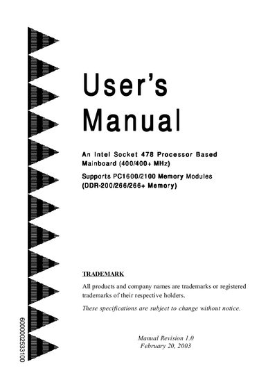 Intel Socket 478 Mainboard User Manual - cover page