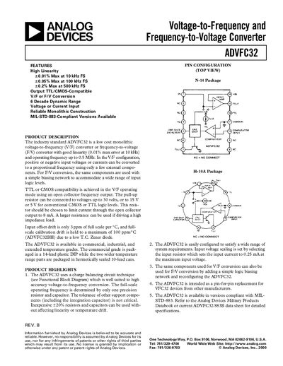 Analog Devices ADVFC32 Voltage-to-Frequency and Frequency-to-Voltage Converter Datasheet