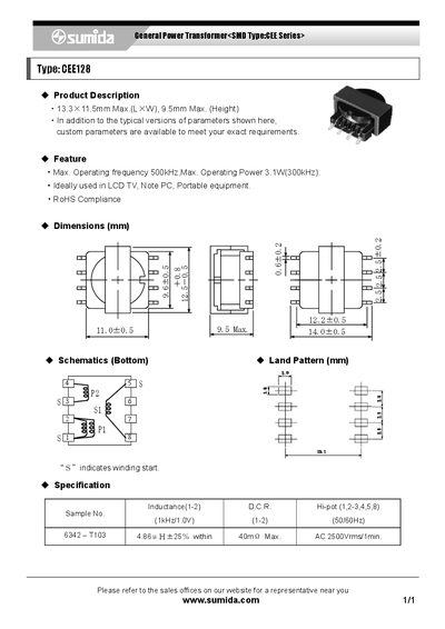 Sumida CEE128 General Power Transformer SMD Type CEE Series Datasheet - cover page