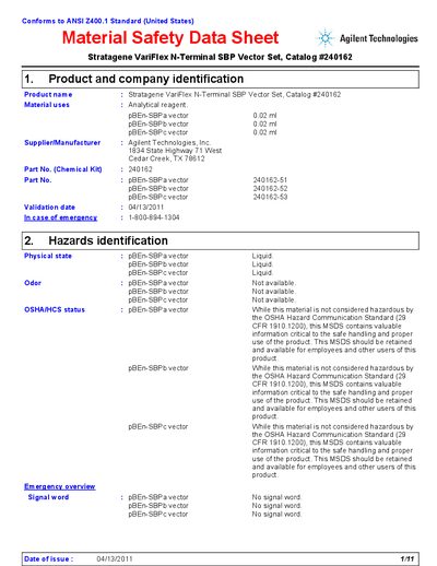Agilent 240162 Material Safety Data Sheet - cover page