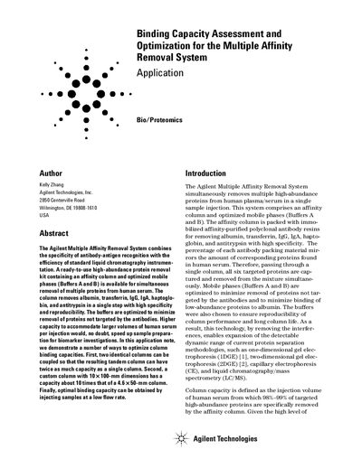Agilent Multiple Affinity Removal System Binding Capacity Optimization Application Note - cover page