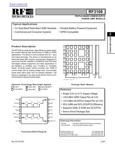 RF Micro Devices RF3108 Triple-Band GSM/DCS/PCS Power Amp Module Datasheet - cover page