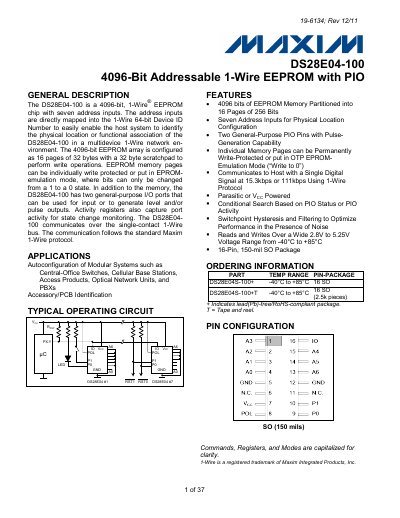 Maxim DS28E04-100 4096-Bit Addressable 1-Wire EEPROM with PIO Datasheet - cover page