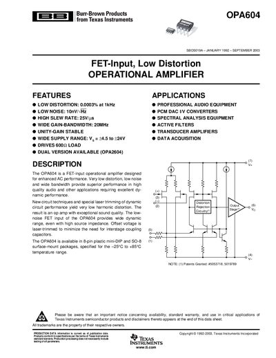 Texas Instruments OPA604 Operational Amplifier Datasheet - cover page
