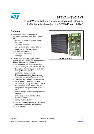 STMicroelectronics STEVAL-ISV012V1 Solar Battery Charger Datasheet