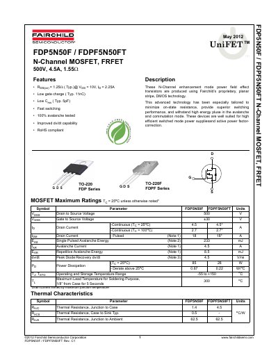 Fairchild FDP5N50F/FDPF5N50FT N-Channel MOSFET Datasheet