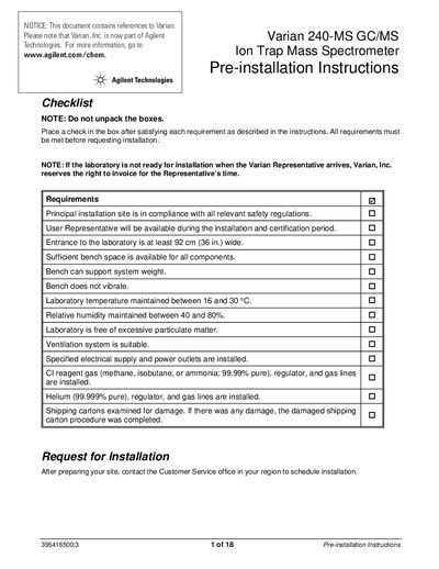 Agilent 240-MS GC/MS Ion Trap Mass Spectrometer Pre-installation Instructions - cover page