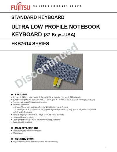 Fujitsu FKB7614 Series Keyboard Data Sheet - cover page