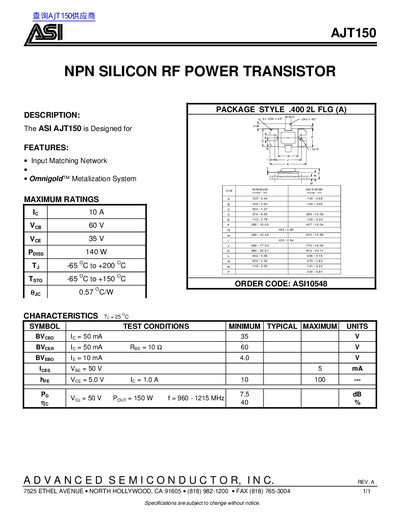 ASI AJT150 NPN Silicon RF Power Transistor Datasheet - cover page