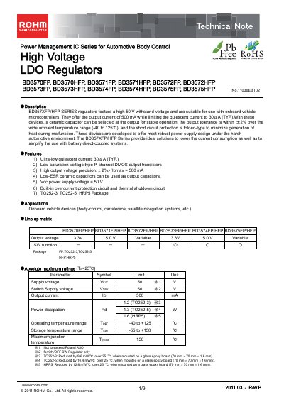 ROHM BD3571FP LDO Regulator Datasheet - cover page