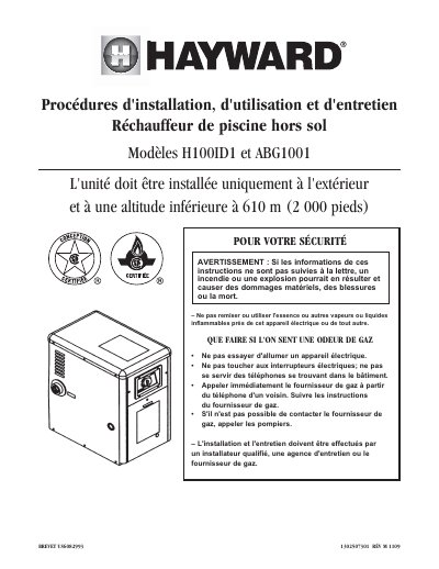Hayward ABG1001 Above Ground Pool Heater Installation and Maintenance Manual