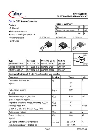 Infineon SPI80N08S2-07 SPP80N08S2-07 SPB80N08S2-07 Datasheet - cover page
