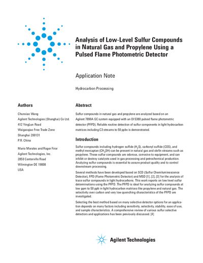 Agilent 7890A GC Analysis of Low-Level Sulfur Compounds Application Note - cover page