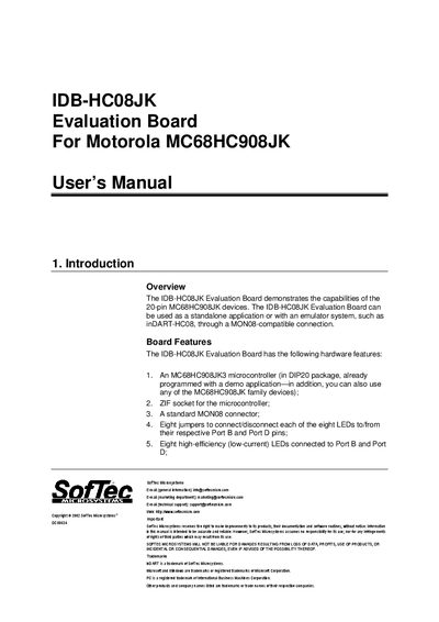 SOFTEC IDB-HC08JK Evaluation Board For Motorola MC68HC908JK User Manual - cover page