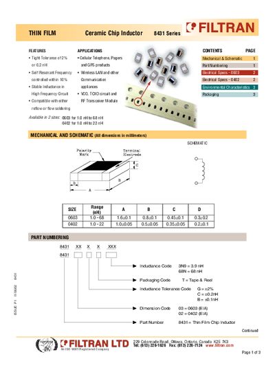 FILTRAN 8431 Series Thin Film Ceramic Chip Inductor Datasheet - cover page