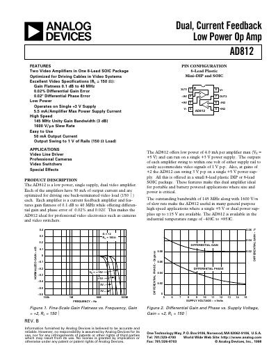 Analog Devices AD812 Dual Channel Current Feedback Low Power Op Amp Datasheet - cover page