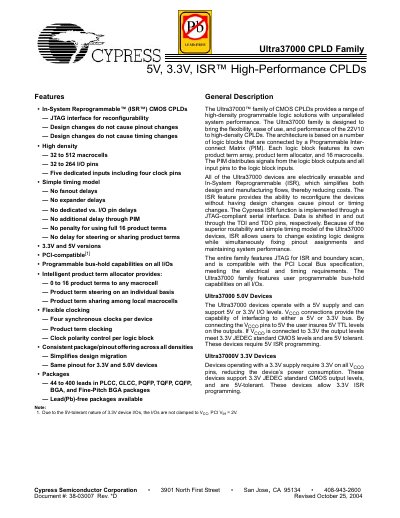Cypress Ultra37000 CPLD Family Datasheet - cover page