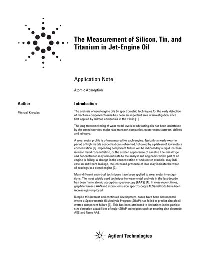 Agilent GTA-96 Silicon Tin Titanium Jet-Engine Oil Analysis Application Note - cover page