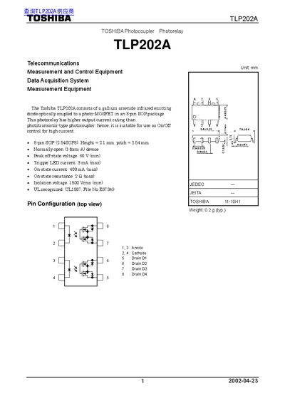 Toshiba TLP202A Photocoupler Datasheet