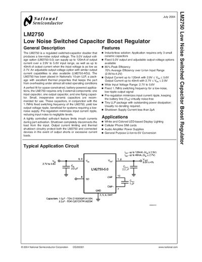National Semiconductor LM2750 Low Noise Switched Capacitor Boost Regulator Datasheet - cover page