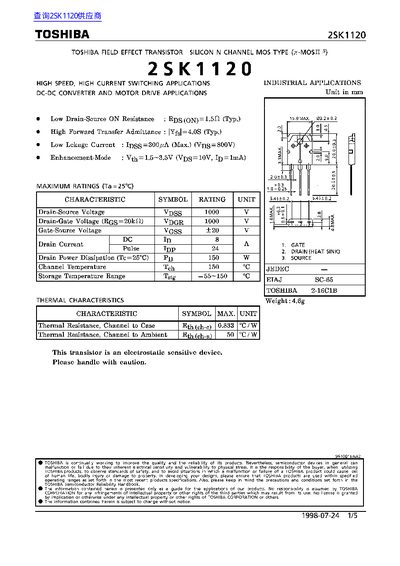 Toshiba 2SK1120 N-Channel MOSFET Datasheet - cover page