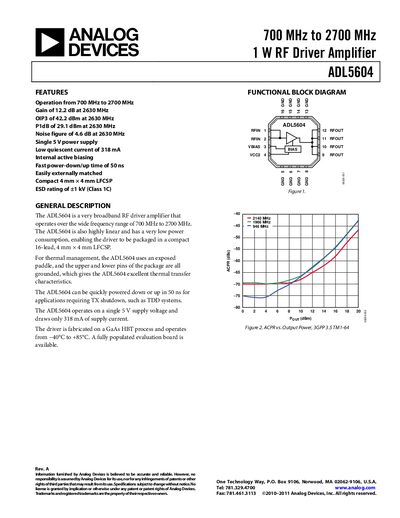 Analog Devices ADL5604 RF Driver Amplifier Datasheet - cover page