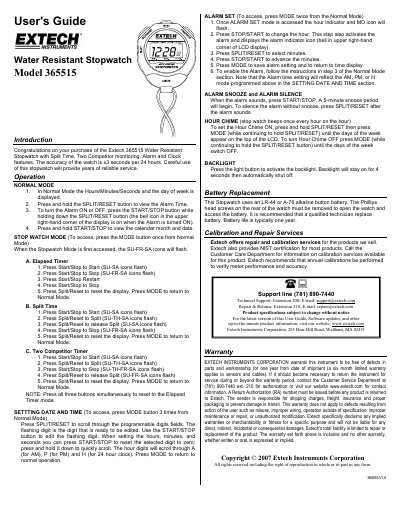 Extech 365515 Water Resistant Stopwatch User's Guide - cover page