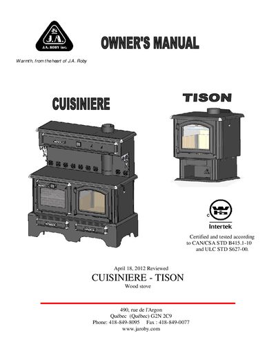 J.A. Roby Tison Wood Stove User Manual
