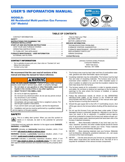 Johnson Controls 1010352-UUM-E-0814 User Information Manual - cover page
